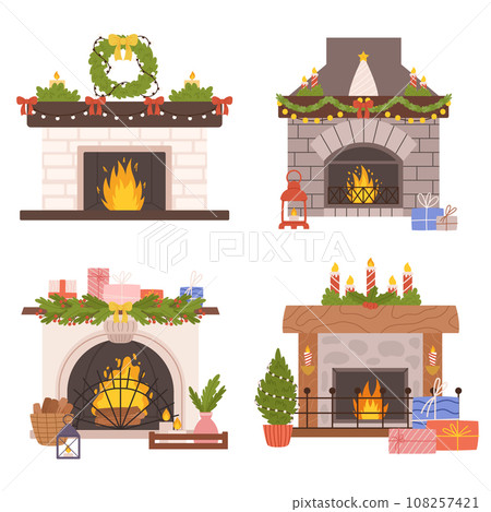 Christmas Fireplaces Adorned With Spruce Wreaths, Twinkling Lights And Festive Bows, Casting A Warm Glow 108257421