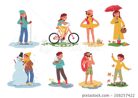 Little Kids Seasonal Activities, Boys and Girls Characters Skiing, Riding Bicycle, Relax on Beach, Mushrooming 108257422