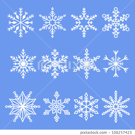Geometric Snowflakes. Intricate Ice Crystals With Symmetrical Patterns. Each Flake Forms Unique Shapes, Vector Geometric Snowflakes. Intricate Ice Crystals With Symmetrical Patterns. Each Flake Forms Unique Shapes, Vector 108257423