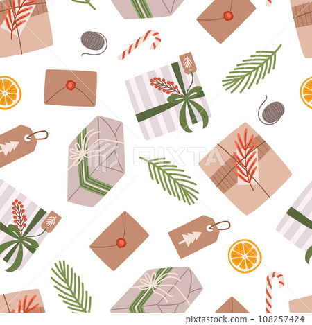 Festive Seamless Pattern Adorned With Colorful Christmas Gifts, Envelopes, And Fir-tree Branches, Vector Illustration 108257424