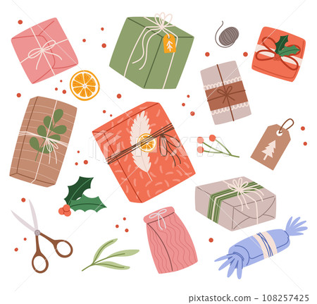 Set Of Different Christmas Presents In Kraft Paper With Twine Ribbon And Wreaths. Rustic Gift Box. Eco Decoration 108257425