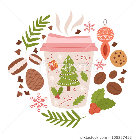 Festive Christmas Coffee Cup Adorned With A Charming Holiday Tree and Aromatic Spices. Holiday Cheer In Every Mug 108257432