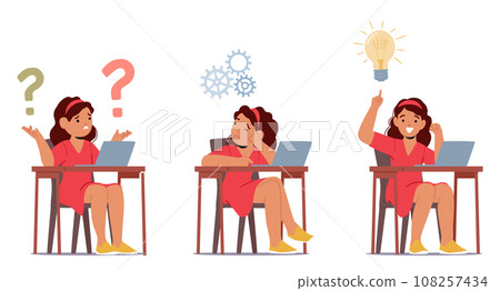 Bewildered Little Girl Sits At Her Desk, Gazing At Her Laptop With A Furrowed Brow, Lost In World Of Digital Perplexity 108257434