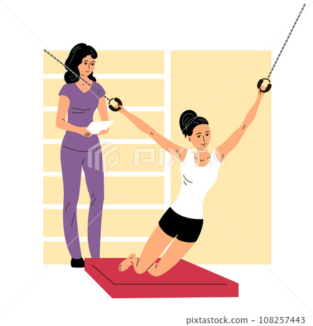 The girl stretches the muscles on training apparatus 108257443