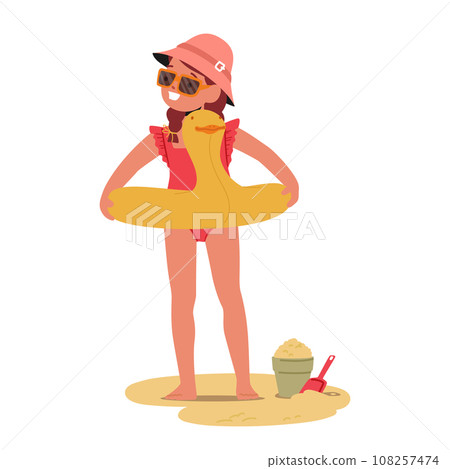 Joyful Scene Of Cute Little Girl Character On Summer Beach, Her Laughter Echoing As She Plays With A Duck-shaped Ring Joyful Scene Of Cute Little Girl Character On Summer Beach, Her Laughter Echoing As She Plays With A Duck-shaped Ring 108257474