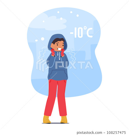 Little Boy Dressed in Hoodie Shivered In The Biting Wind, His Cheeks Flushed With Cold. Clutching His Jacket Little Boy Dressed in Hoodie Shivered In The Biting Wind, His Cheeks Flushed With Cold. Clutching His Jacket 108257475