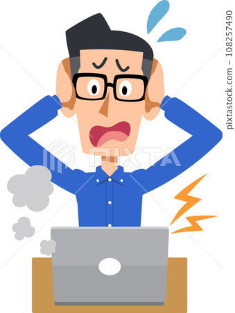 A man wearing glasses worries about his laptop malfunctioning 108257490