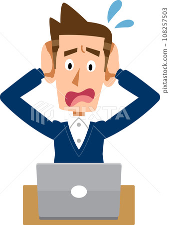 A man worries about a problem with his laptop 108257503