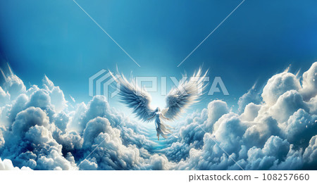 Archangel. Heavenly angelic spirit with wings. Illustration abstract angel. Belief. Afterlife. Spiritual Angel.Sky clouds with bright light rays. Blessing. Inspiration.Banner copy space Archangel. Heavenly angelic spirit with wings. Illustration abstract angel. Belief. Afterlife. Spiritual Angel.Sky clouds with bright light rays. Blessing. Inspiration.Banner copy space 108257660