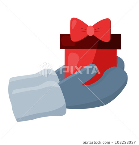 Hands in mitten holding red gift box with bow, vector 108258057