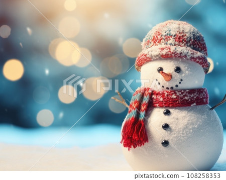 Close-up of a cute toy snowman in a red hat and scarf on a snowy background on a blurred bokeh background in winter Christmas scenery with copy space. Happy New Year's attributes, greeting card.  108258353
