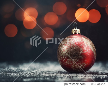 Close-up of a red Christmas tree toy decoration on a blurred bokeh background in winter Christmas scenery with copy space. Happy New Year's attributes, greeting card. Close-up of a red Christmas tree toy decoration on a blurred bokeh background in winter Christmas scenery with copy space. Happy New Year's attributes, greeting card. 108258354