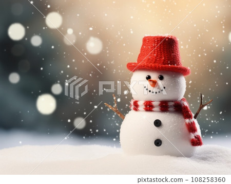 Close-up of a cute toy snowman in a red hat and scarf on a snowy background on a blurred bokeh background in winter Christmas scenery with copy space. Happy New Year's attributes, greeting card.  108258360