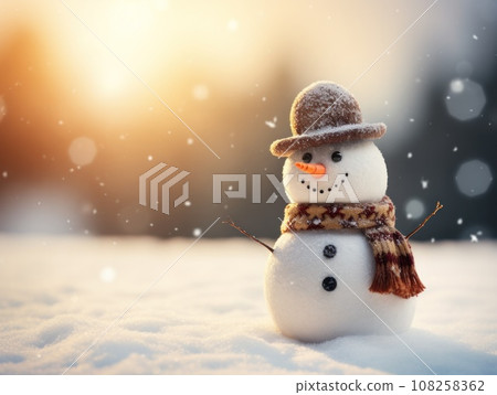 Close-up of a cute toy snowman in a brown hat and scarf on a snowy background on a blurred bokeh background in winter Christmas scenery with copy space. Happy New Year's attributes, greeting card.  108258362