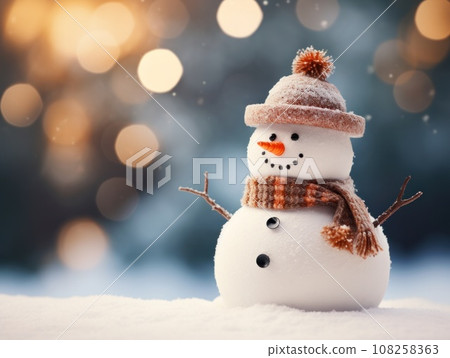 Close-up of a cute toy snowman in a red hat and scarf on a snowy background on a blurred bokeh background in winter Christmas scenery with copy space. Happy New Year's attributes, greeting card. Close-up of a cute toy snowman in a red hat and scarf on a snowy background on a blurred bokeh background in winter Christmas scenery with copy space. Happy New Year's attributes, greeting card. 108258363