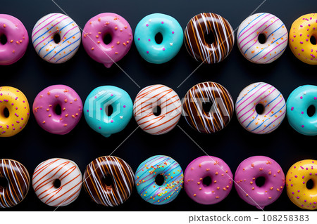 A lot of colorful donuts with delicious fillings lie sideways in a row in a box, top view flat lay, many sweet donuts on color background. Minimal concepts pattern above, food background. A lot of colorful donuts with delicious fillings lie sideways in a row in a box, top view flat lay, many sweet donuts on color background. Minimal concepts pattern above, food background. 108258383