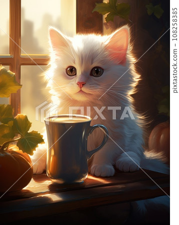 Cute fluffy cat drinking a cup of coffee. Little cat drinking coffee on the table near window. Cozy and warm autumn. For sweet prints posters cards postcards banners books and notebooks. Cute fluffy cat drinking a cup of coffee. Little cat drinking coffee on the table near window. Cozy and warm autumn. For sweet prints posters cards postcards banners books and notebooks. 108258385