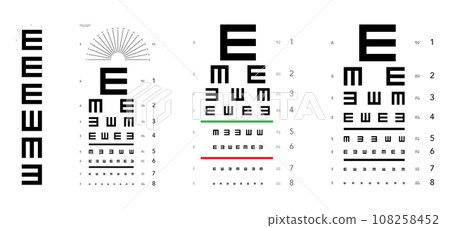 Set of E chart Eye Test Chart tumbling medical illustration. Line vector sketch outline isolated on white background Set of E chart Eye Test Chart tumbling medical illustration. Line vector sketch outline isolated on white background 108258452