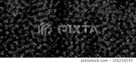 Halftone grunge overlay texture. Black and white dotted distressed background. Rough dirty surface for template, banner, poster, cover, collage, flyer. Vector grainy noise grit backdrop 108258543