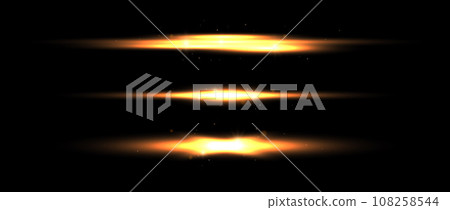 Gold neon divider lines set. Yellow glowing horizontal stripes collection. Fluorescent golden light streaks with sparks and sparkles pack. Vector shining beam elements for poster, banner, decoration Gold neon divider lines set. Yellow glowing horizontal stripes collection. Fluorescent golden light streaks with sparks and sparkles pack. Vector shining beam elements for poster, banner, decoration 108258544