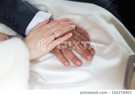 Close-up of Newlyweds' Hands with Rings 108258905