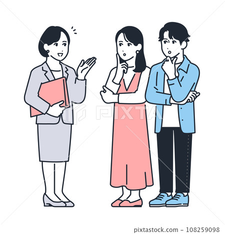 A simple full-body illustration of a young man and woman receiving an explanation from a female planner A simple full-body illustration of a young man and woman receiving an explanation from a female planner 108259098