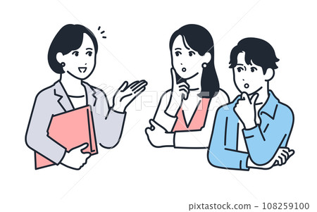 Simple vector illustration material of young men and women consulting with a female planner 108259100