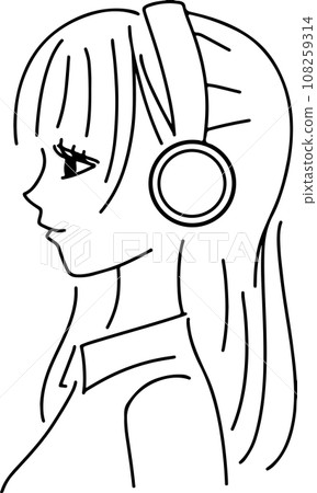 Profile line drawing illustration of a woman wearing stylish headphones Profile line drawing illustration of a woman wearing stylish headphones 108259314