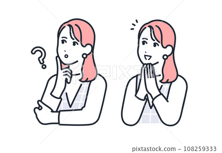 A simple vector illustration set of a stylish young woman with a thinking expression and a smiling and happy expression. 108259333