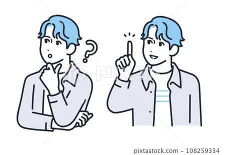 A simple vector illustration set material of a young man in casual clothes with a thinking expression and a smiling and happy expression. 108259334