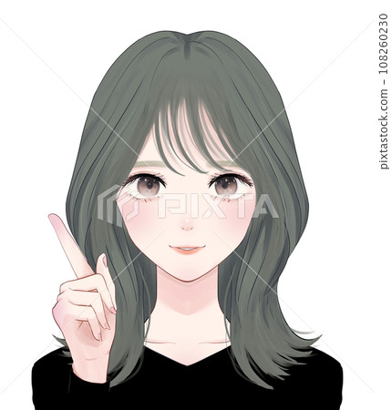Woman with semi-long hair pointing Woman with semi-long hair pointing 108260230