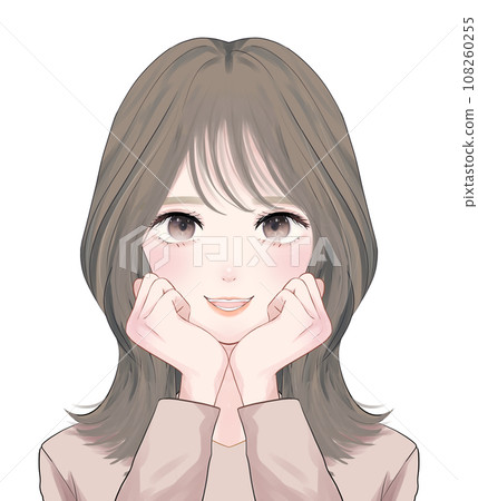 A woman with semi-long hair puts her hand on her cheek A woman with semi-long hair puts her hand on her cheek 108260255