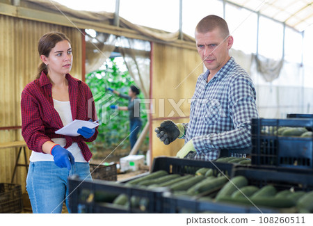 Female farmer working with papers in warehouse, male worker carrying crates with cucumber 108260511