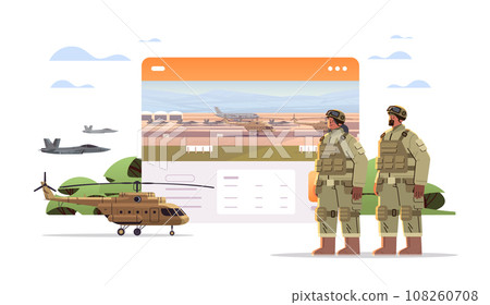 army soldiers in camouflage helmet and life vest standing together military service happy labor day celebration concept 108260708