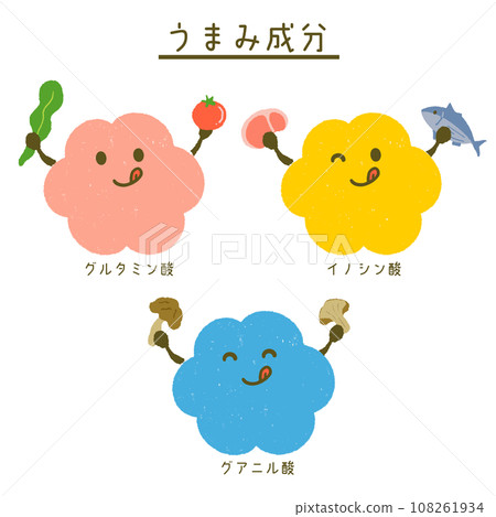 Cute hand-drawn characters of the three major umami ingredients 108261934