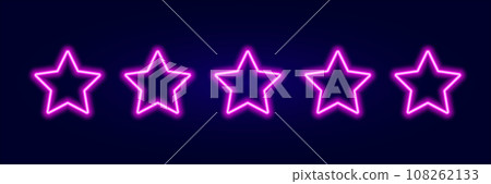 5 stars rating purple neon glow on dark background vector. Glowing rank rates with laser led illumination for design 5 stars rating purple neon glow on dark background vector. Glowing rank rates with laser led illumination for design 108262133