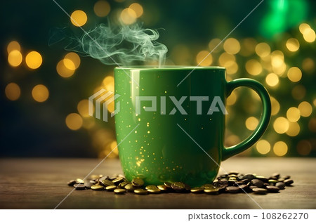 Hot green cup of coffee with bokeh background. 108262270