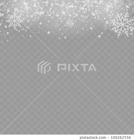 New Year and Christmas card with falling snowflakes on transparent background. Vector New Year and Christmas card with falling snowflakes on transparent background. Vector 108262556