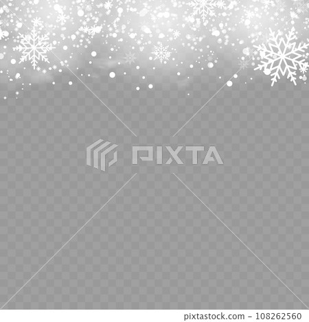 New Year and Christmas card with falling snowflakes on transparent background. Vector 108262560