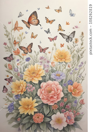 watercolor painting flowers and butterflies with small creatures watercolor painting flowers and butterflies with small creatures 108262819