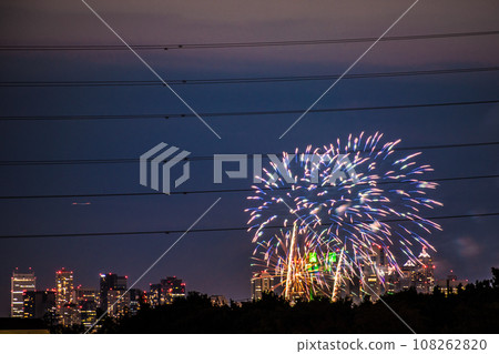 Japan's Tokyo cityscape Tama River Fireworks Festival for the first time in four years. The 45th Setagaya Ward Tamagawa Fireworks Festival venue side/Tokyo Metropolitan Government Building in the back = 21st 108262820