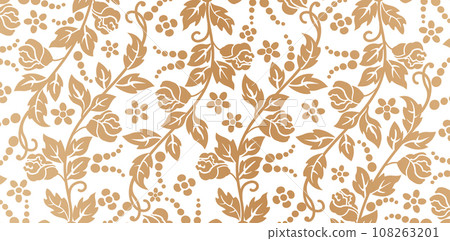 Seamless floral pattern with flowers leaves branch retro style with isolated white backgrounds for screen printing, paper craft printable, wedding invitations covers, stationery designs, fabric prints 108263201