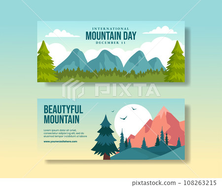 International Mountain Day Horizontal Banner Cartoon Hand Drawn Templates Background Illustration 108263215