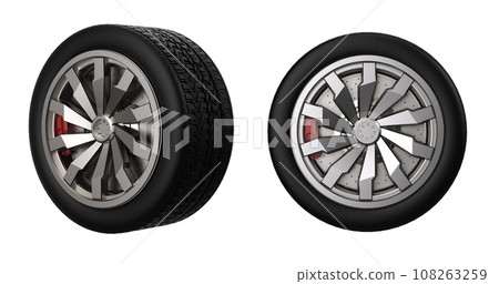 Black tire with alloy wheel isolated on white 108263259