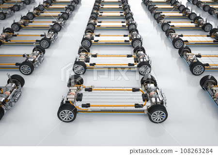 Electric cars assembly line with pack of battery cells module on platform 108263284