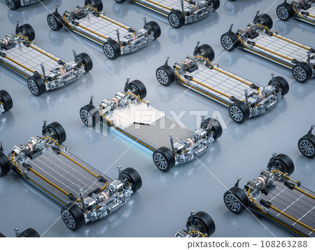 Electric cars assembly line with pack of battery cells module on platform 108263288