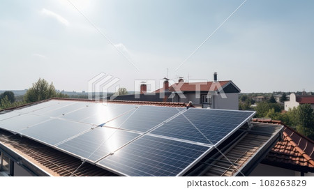 solar panesl or photovoltaic plant on the roof of a house. Generative AI solar panesl or photovoltaic plant on the roof of a house. Generative AI 108263829