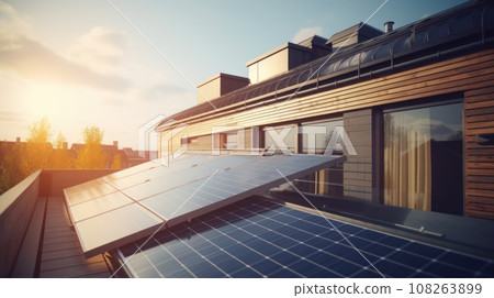 Modern house with solar panels on the rooftop with sunset on the background. Generative AI Modern house with solar panels on the rooftop with sunset on the background. Generative AI 108263899
