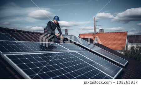 solar panesl or photovoltaic plant on the roof of a house. Generative AI 108263917