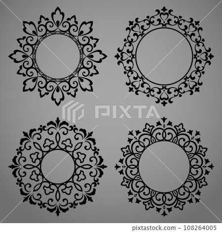 Set of decorative frames Elegant vector element for design in Eastern style, place for text. Floral black and gray borders. Lace illustration for invitations and greeting cards 108264005